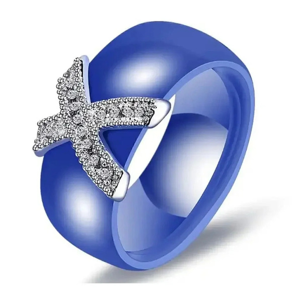 Blue Ceramic Cubic Zirconia Stainless Steel Ring Size 7 - Picture 9 of 10